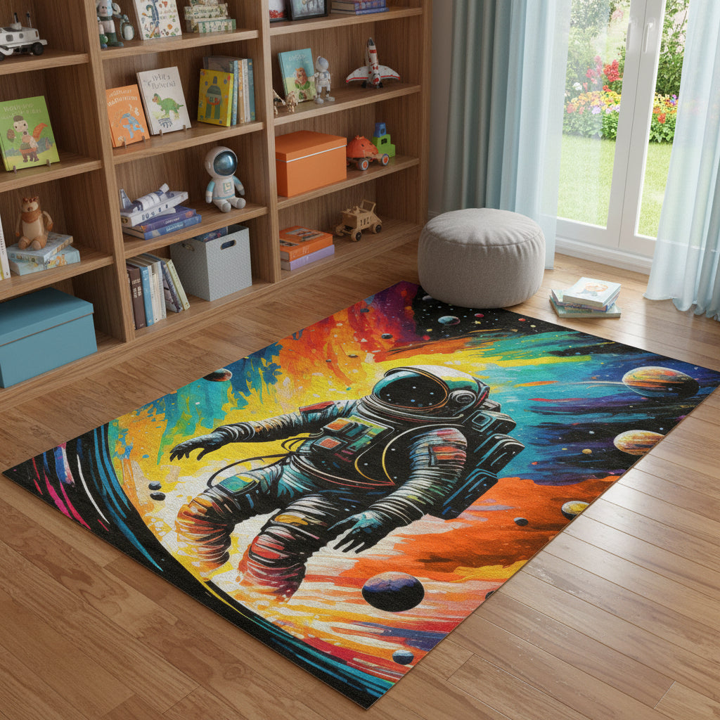 5 X 7 Black Blue And Orange Spaceman Youthful Washable Area Rug