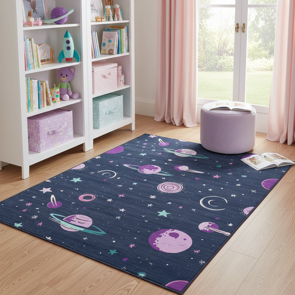 5 X 7 Black Purple And Blue Stars and Moon Youthful Washable Area Rug
