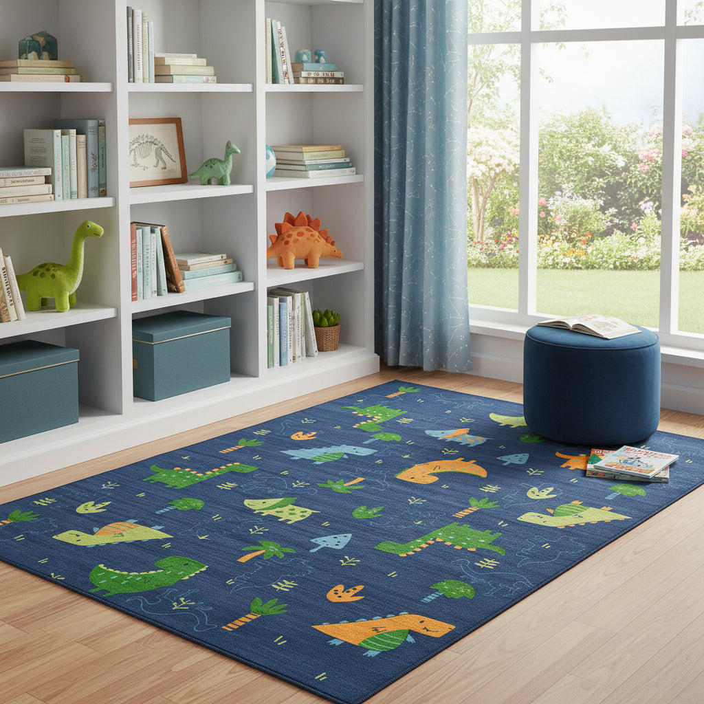 5 X 7 Blue Orange And Green Dinosaurs Youthful Washable Area Rug