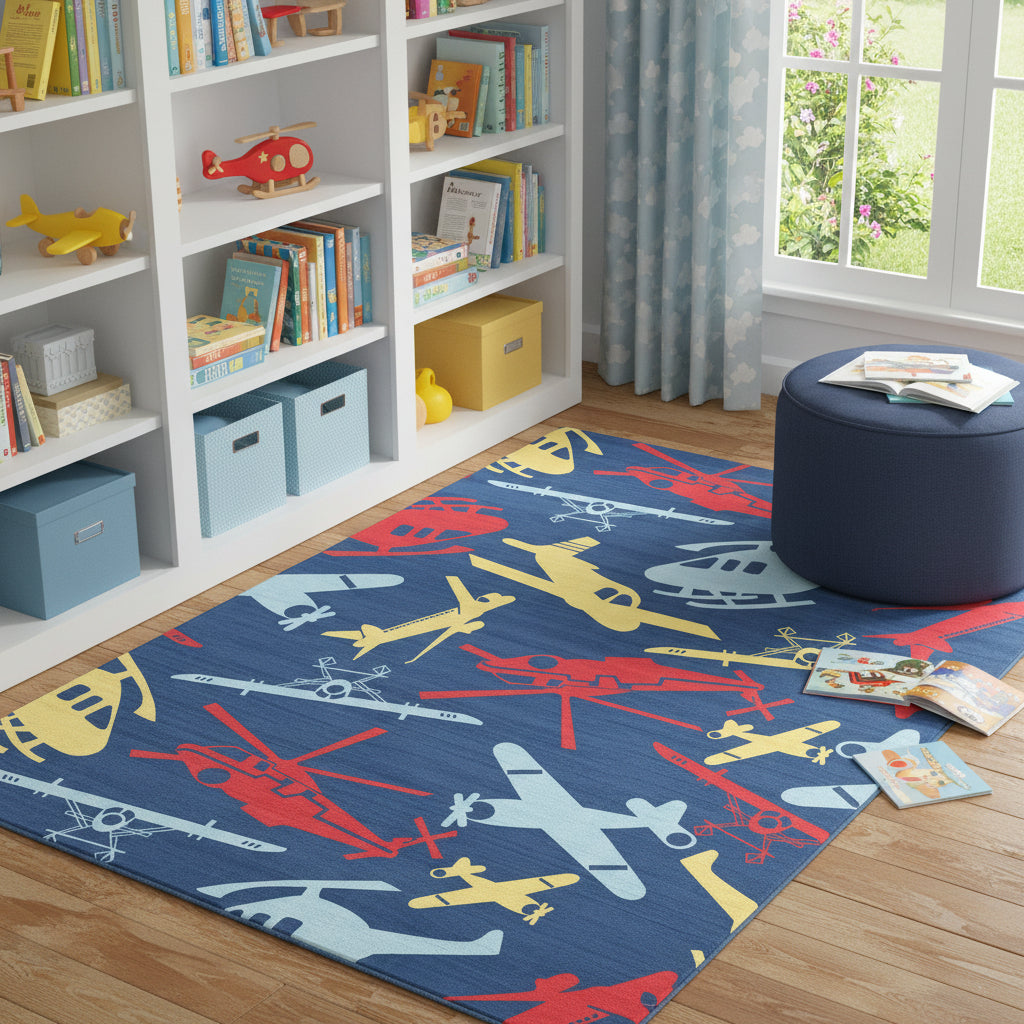 5 X 7 Blue Yellow And Red Helicopter Youthful Washable Area Rug
