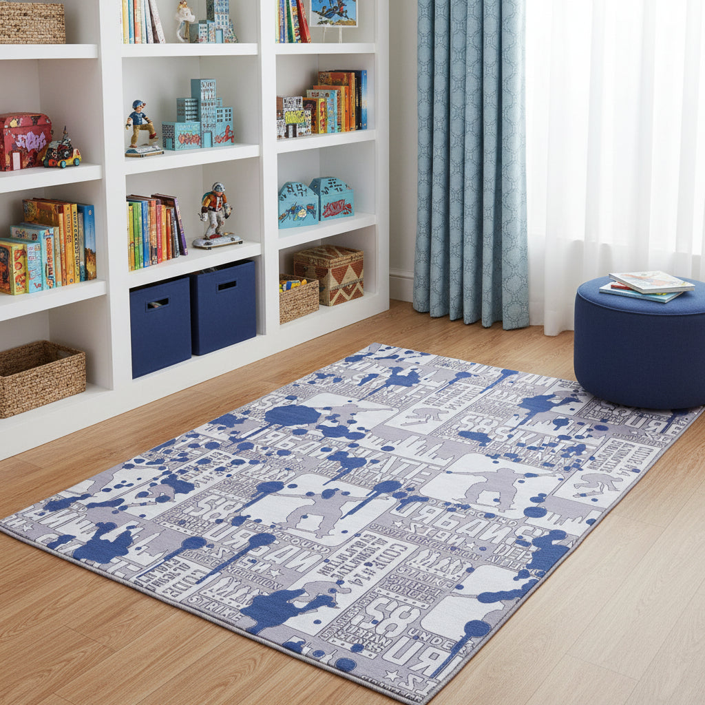 5 X 7 Blue And Gray Skateboard Youthful Washable Area Rug