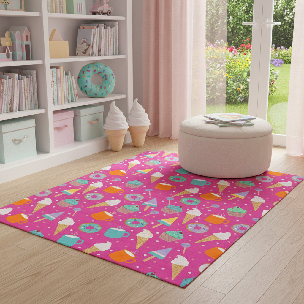 5 X 7 Pink And Blue Ice Cream and Donut Youthful Washable Area Rug