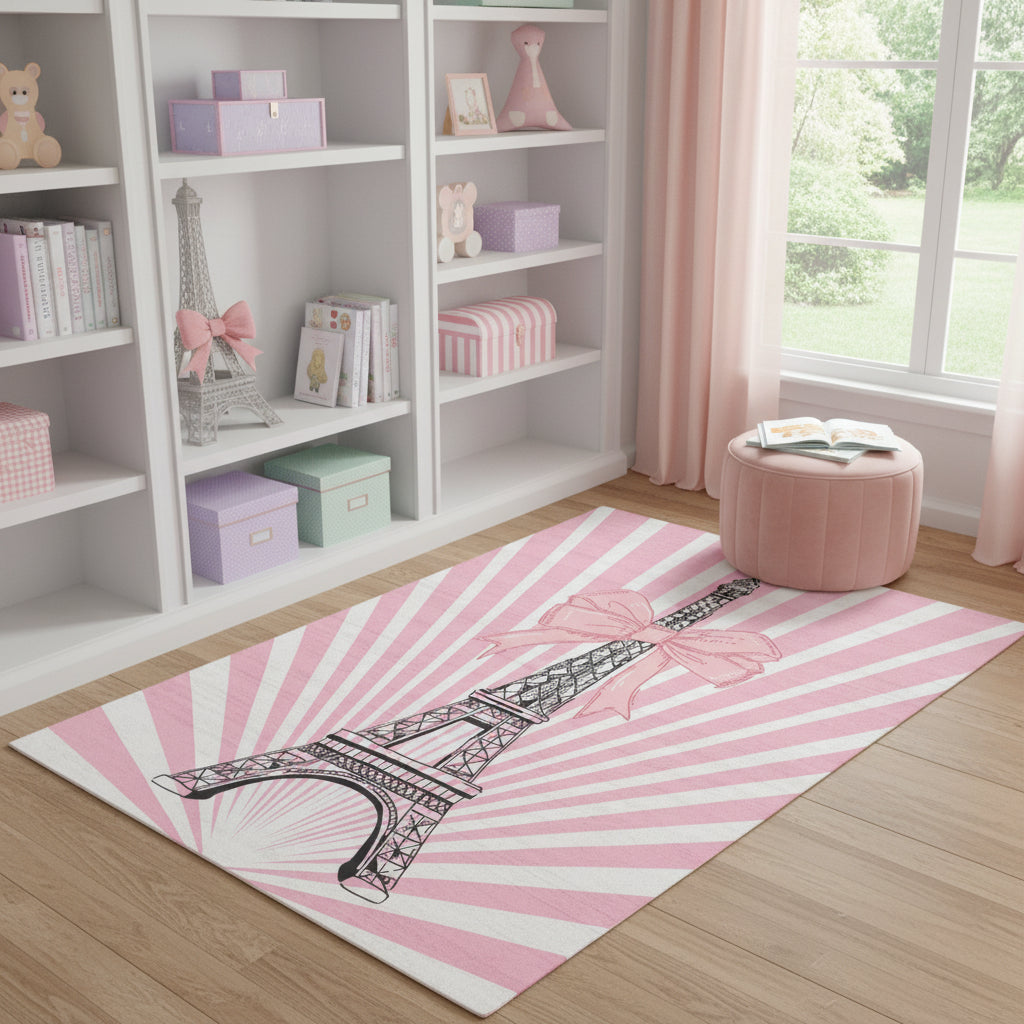 5 X 7 Pink Ivory And Black Eiffel Tower Youthful Washable Area Rug