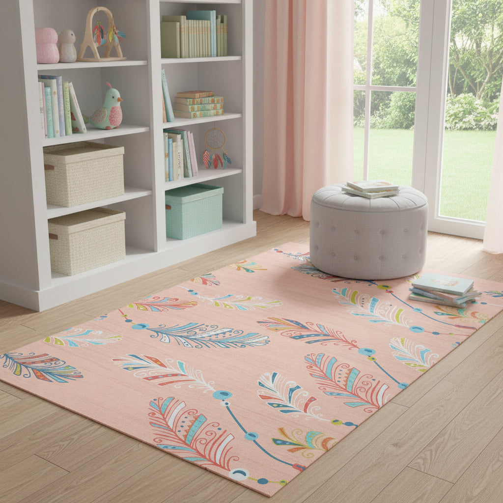 5 X 7 Coral And Aqua Feathers Youthful Washable Area Rug