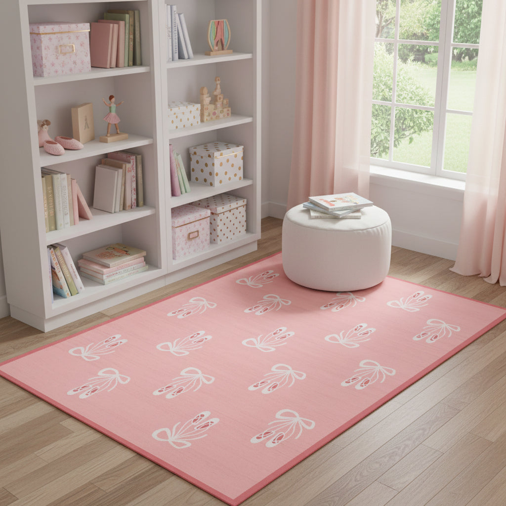 5 X 7 Pink And Ivory Bow Youthful Washable Area Rug
