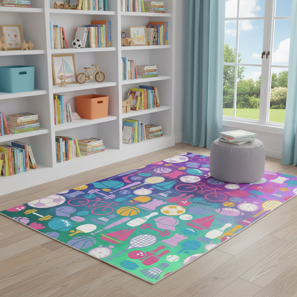 5 X 7 Purple Pink And Blue Sports Youthful Washable Area Rug