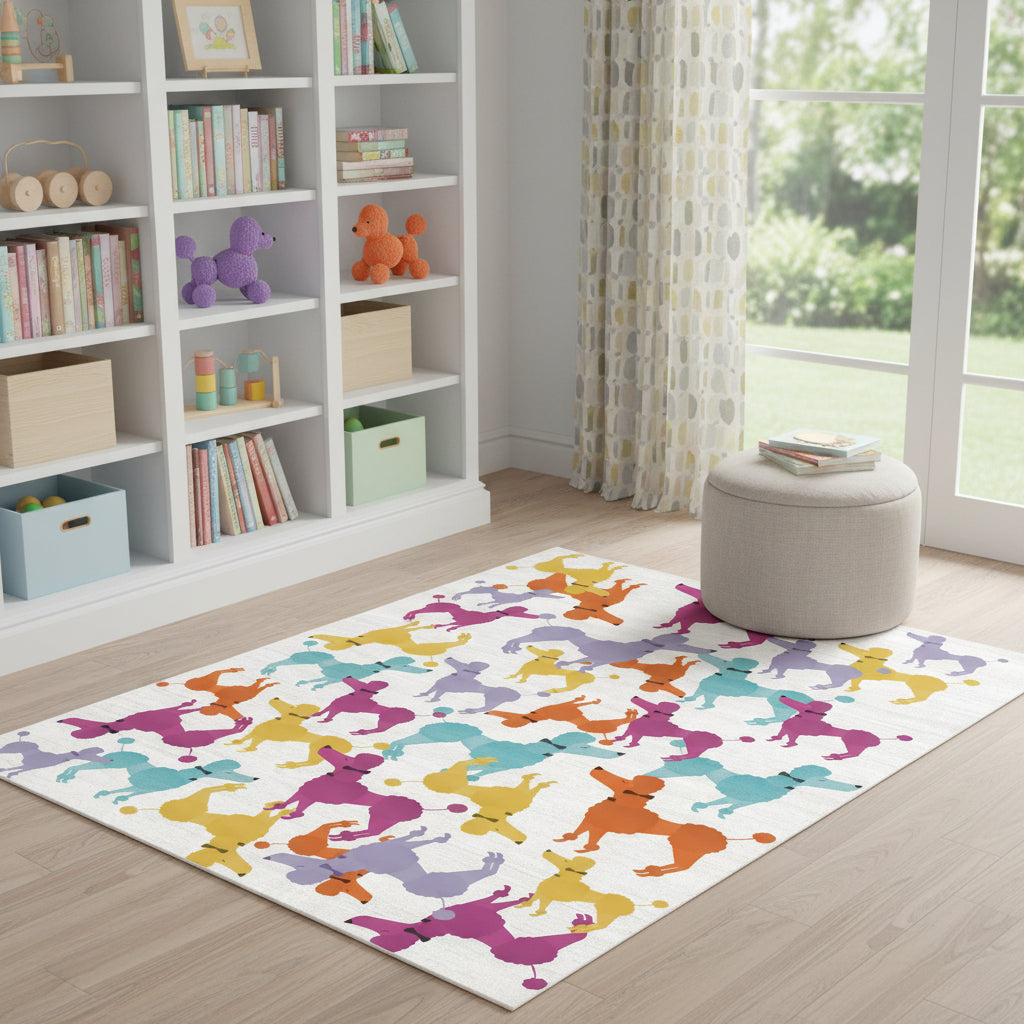 5 X 7 Ivory Blue And Pink Dogs Youthful Washable Area Rug