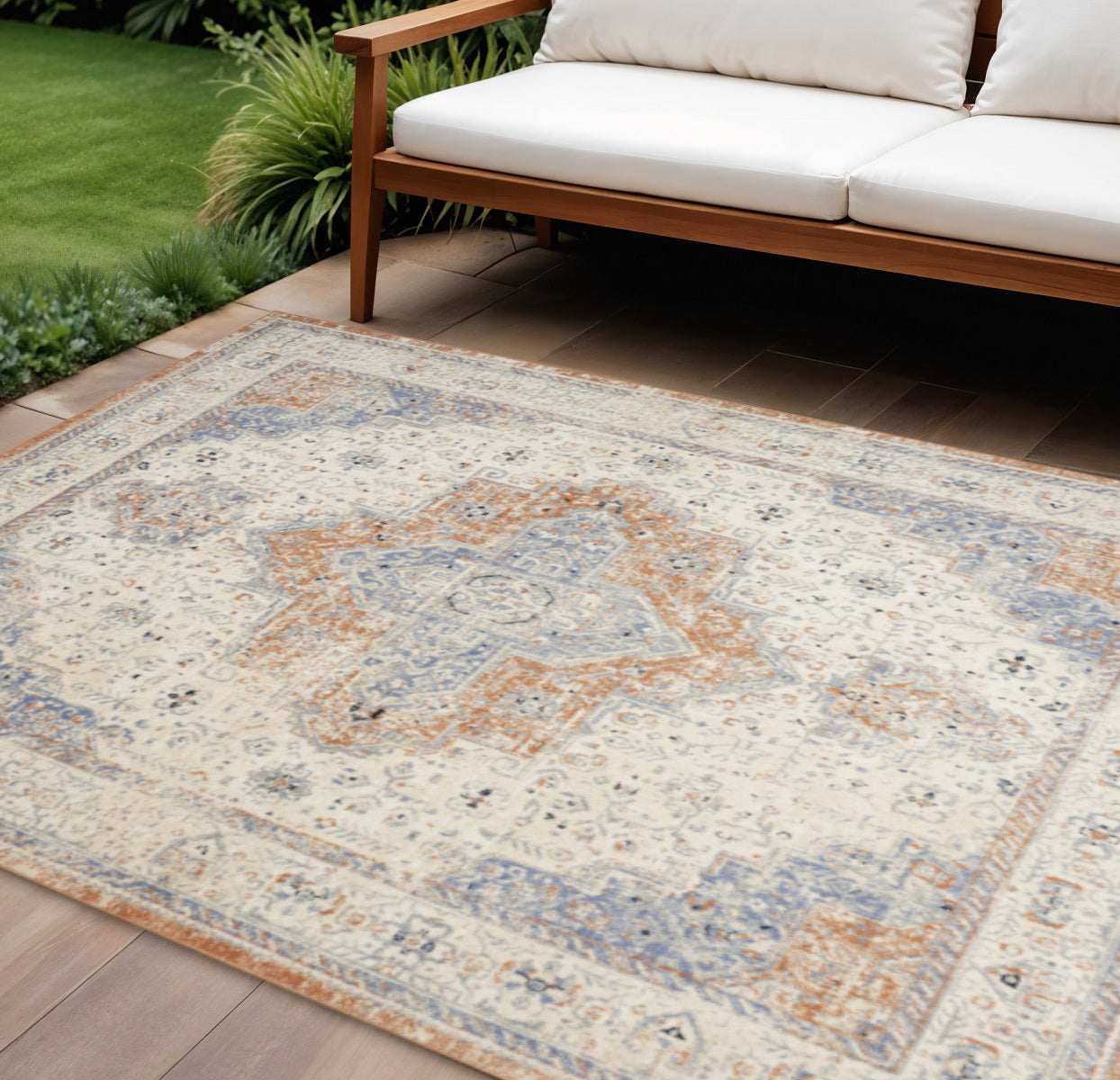 10 X 14 Beige And Blue Floral Indoor Outdoor Area Rug