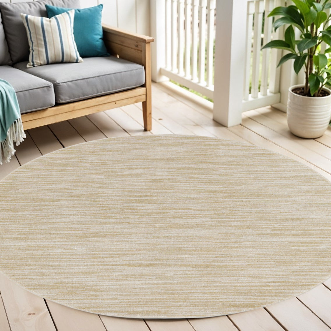 4 Ivory And Gold Round Abstract Indoor Outdoor Area Rug