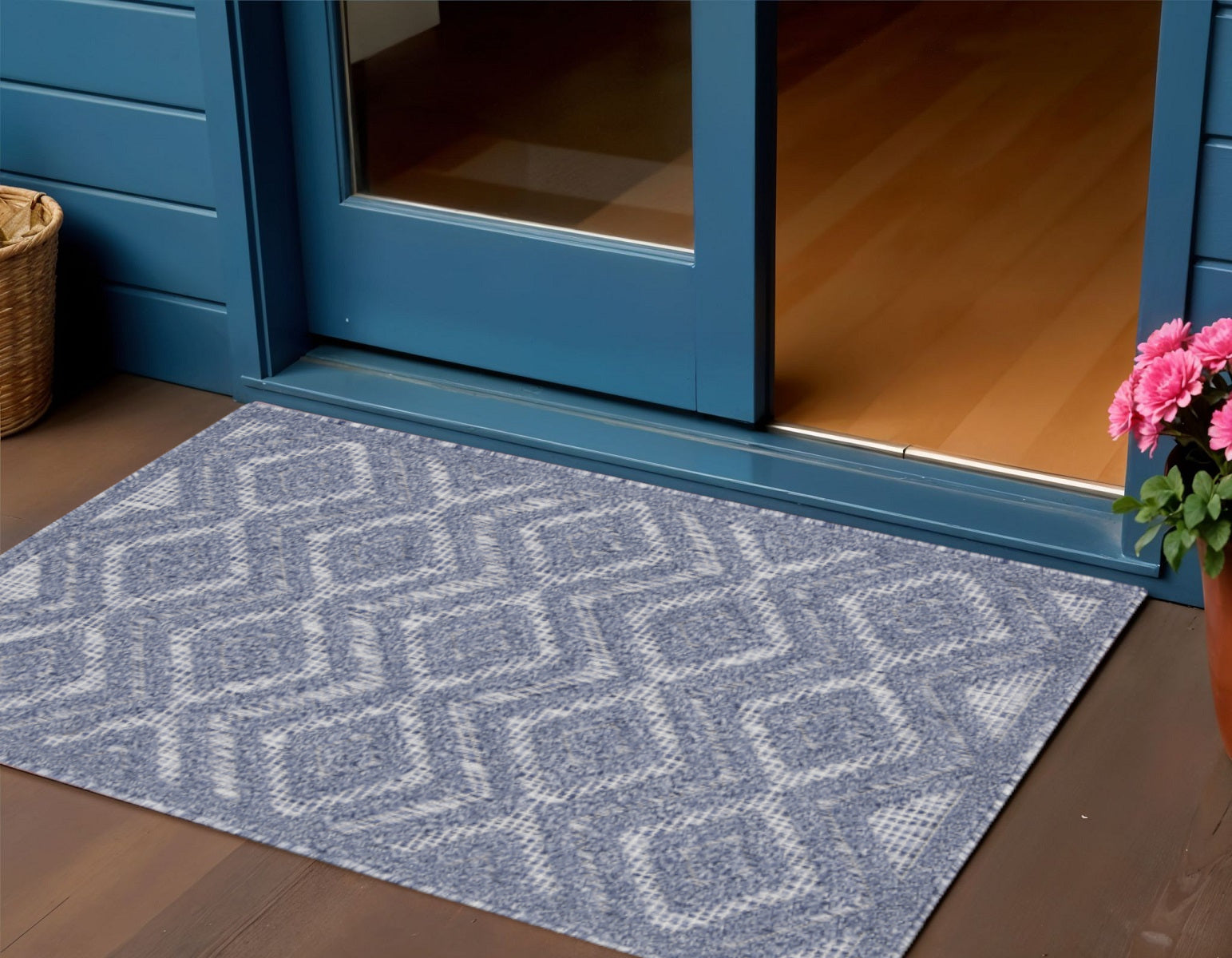 2 X 4 Denim Blue And Ivory Geometric Indoor Outdoor Area Rug