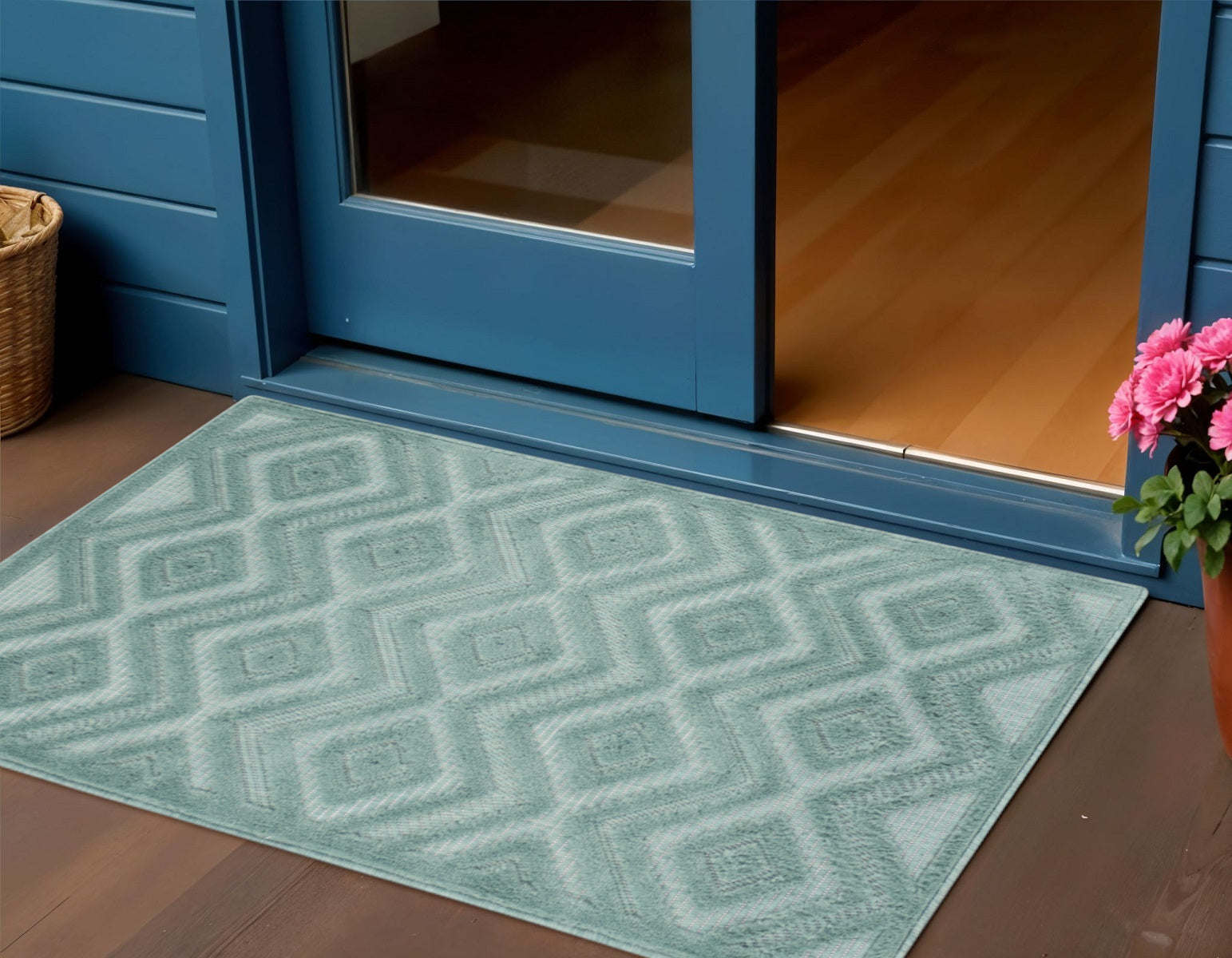 2 X 4 Aqua And Teal Blue Geometric Indoor Outdoor Area Rug