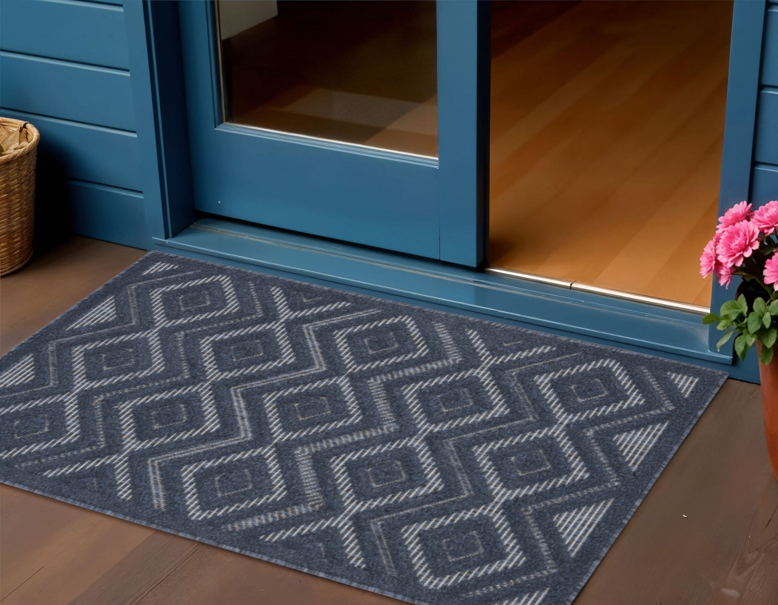 2 X 4 Navy Blue And Ivory Geometric Indoor Outdoor Area Rug