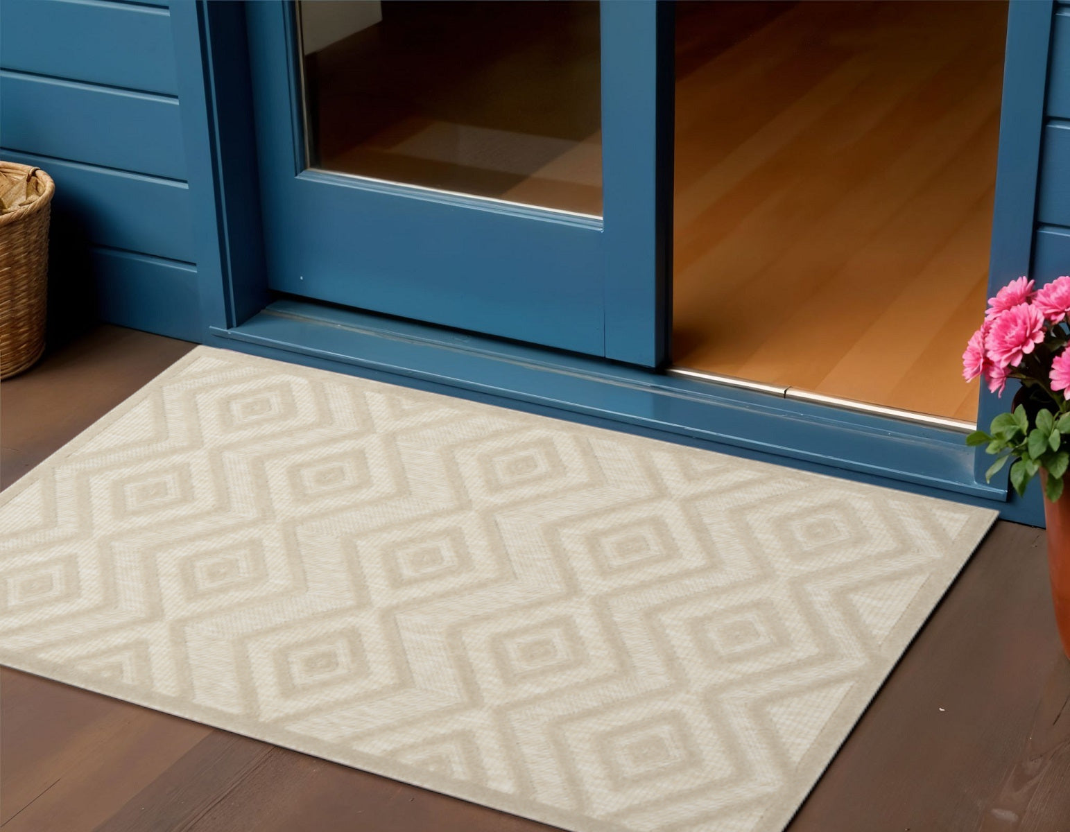 2 X 4 Cream And Beige Geometric Indoor Outdoor Area Rug