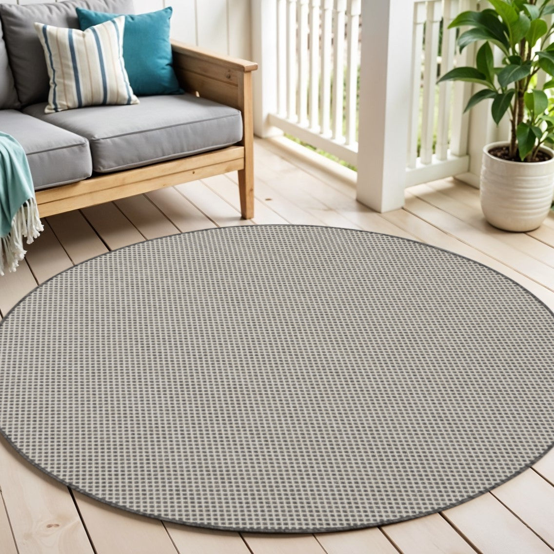 4 Ivory And Charcoal Round Geometric Indoor Outdoor Area Rug