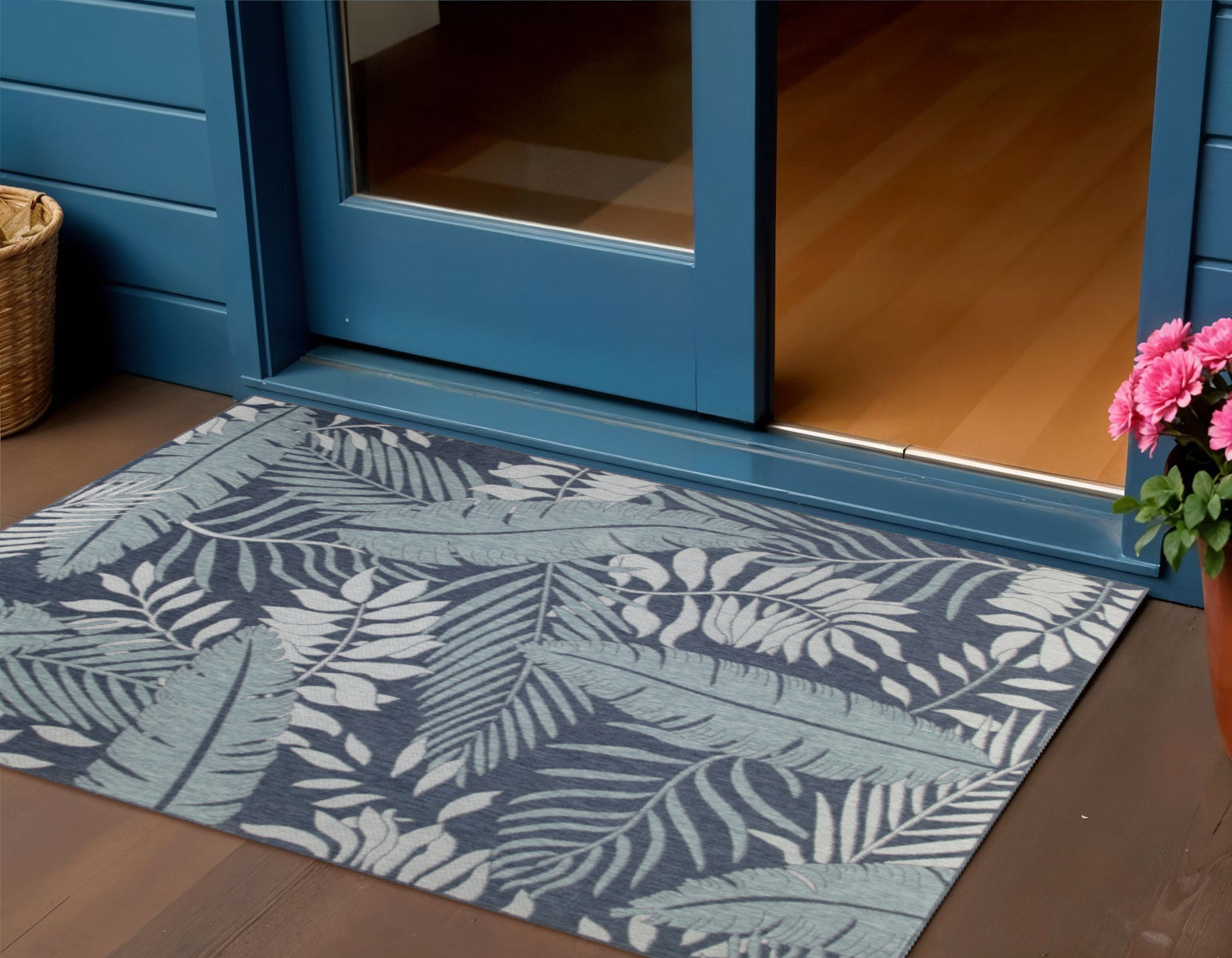 2 X 3 Navy Blue Sky Blue And Ivory Palm Leaf Indoor Outdoor Area Rug