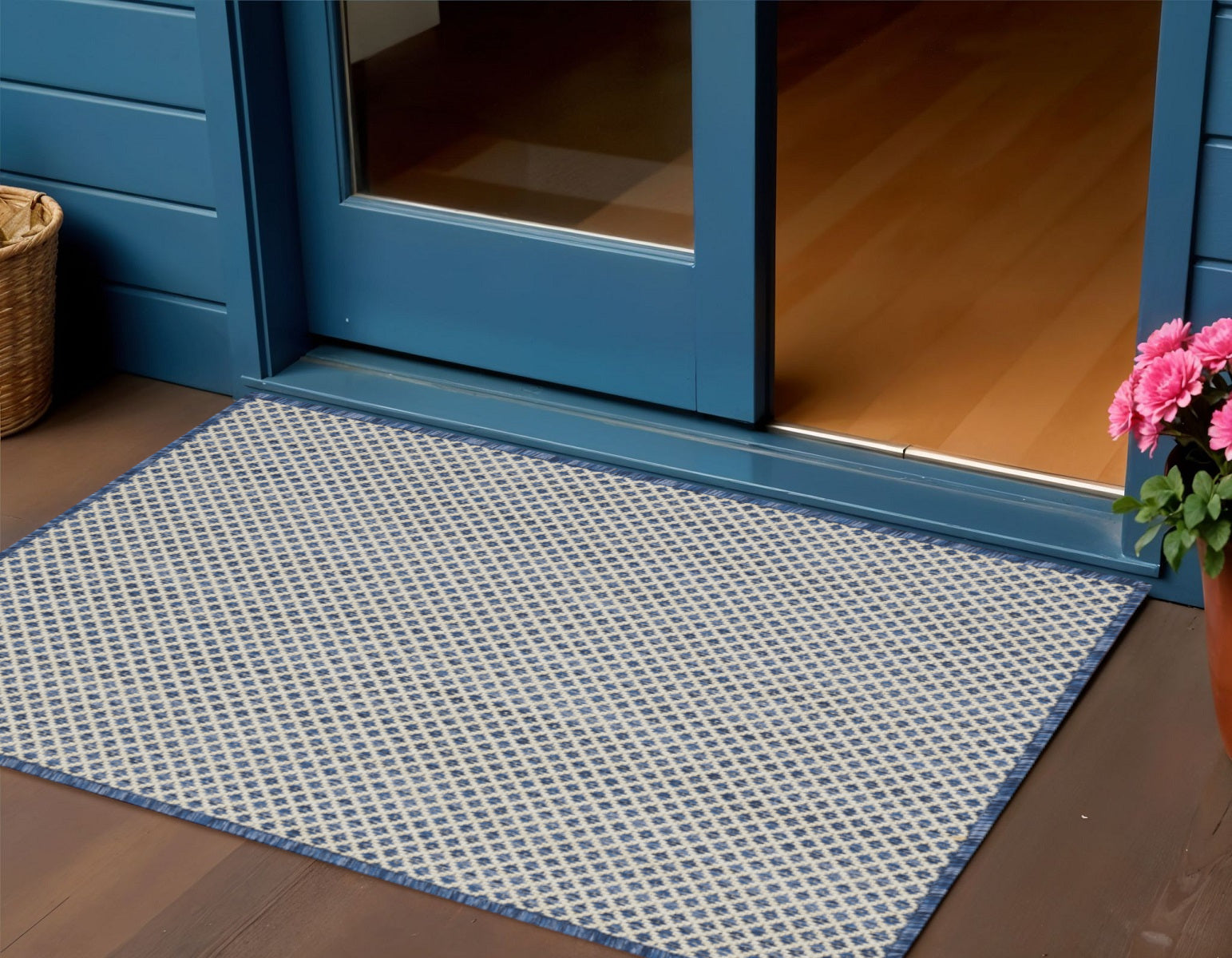 2 X 3 Ivory And Blue Geometric Indoor Outdoor Area Rug