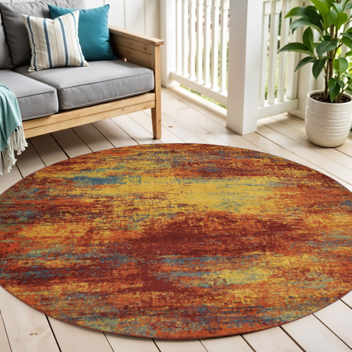 4 Flame Yellow And Orange Round Abstract Indoor Outdoor Area Rug