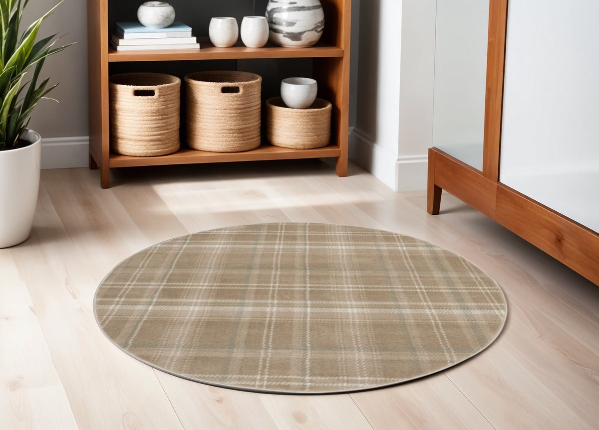 5' Taupe and Ivory Plaid Round Rug