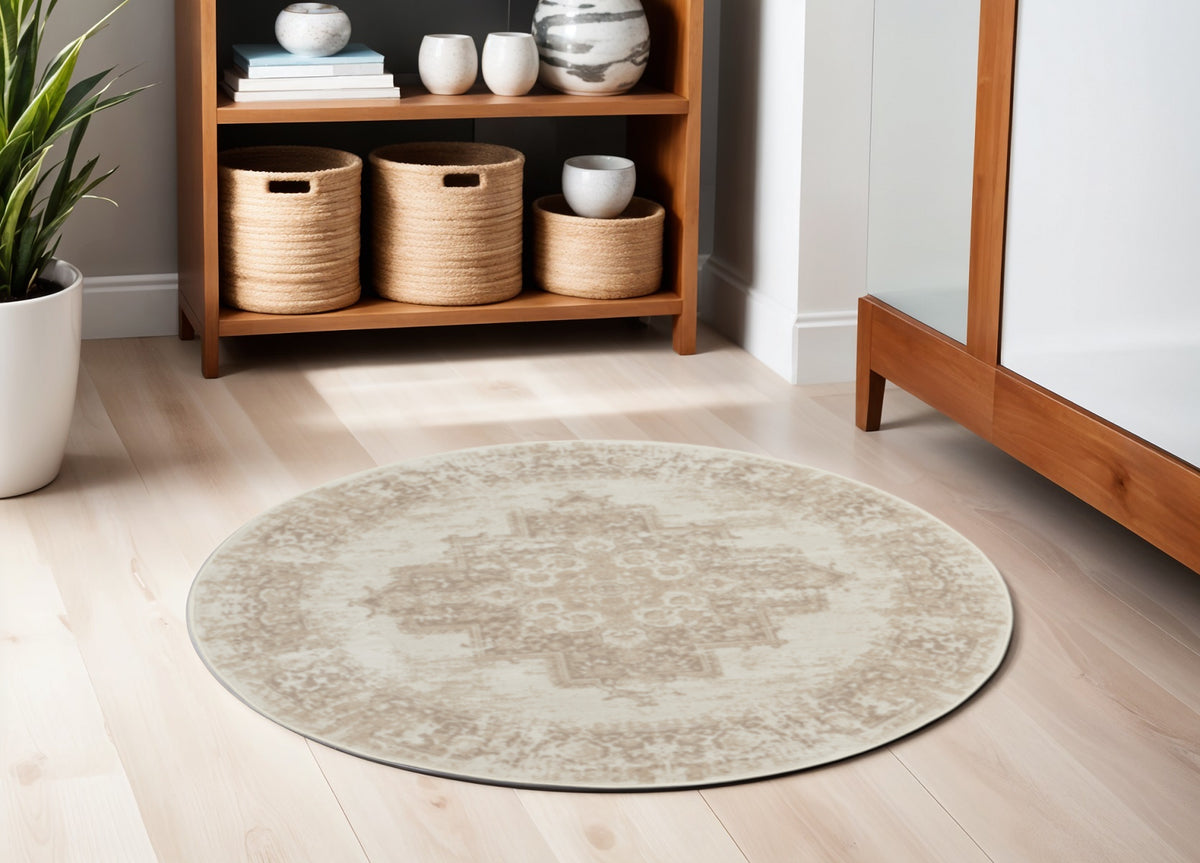 5' Ivory Floral Power Loom Worn Faded Round Rug