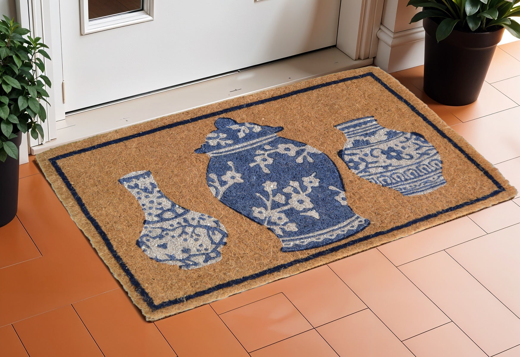 20'' X 30'' Brown Blue And White Chinoiserie Coir Abstract Outdoor Door Mat
