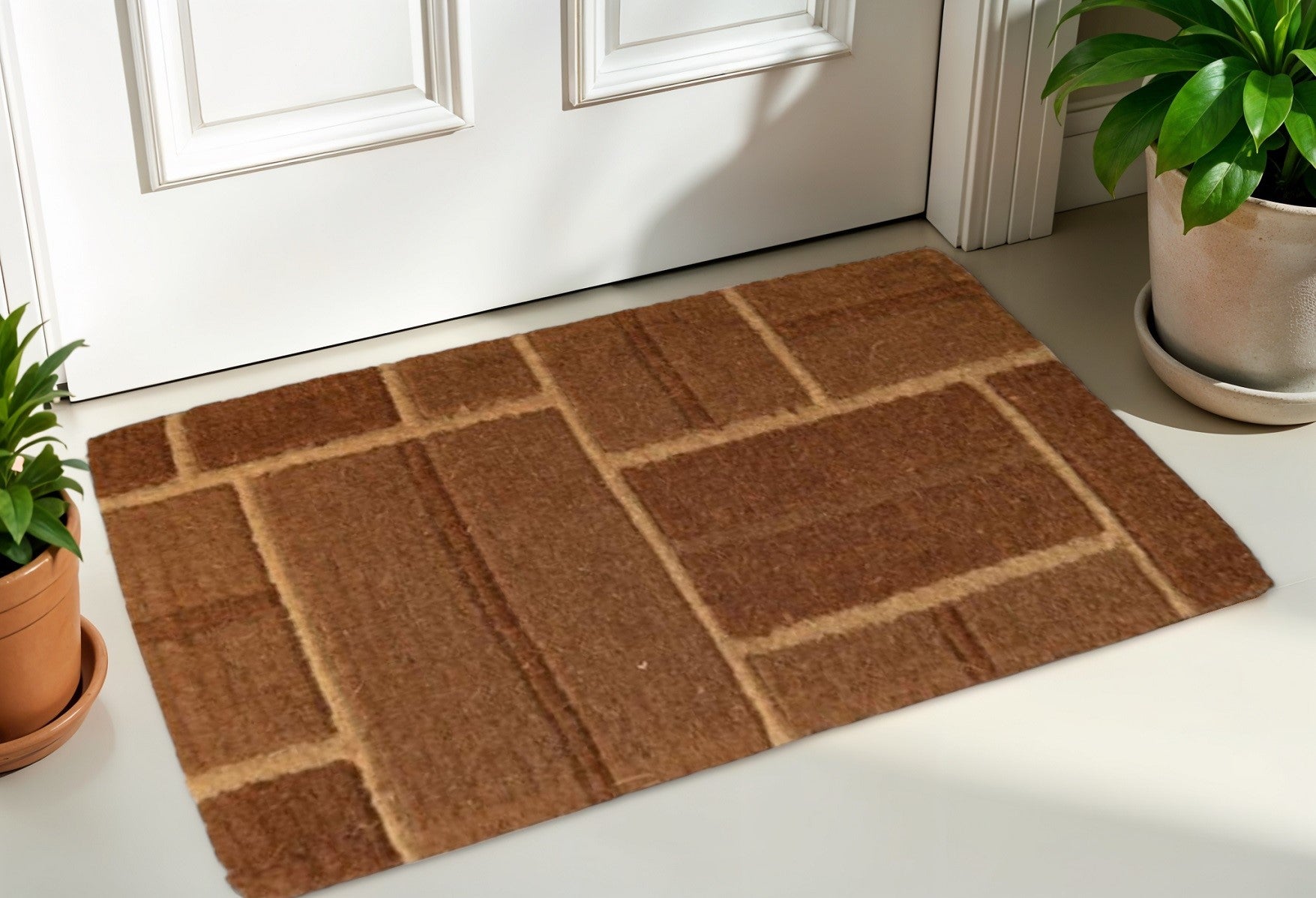 18'' X 30'' Brown Coir Geometric Bricks Outdoor Door Mat