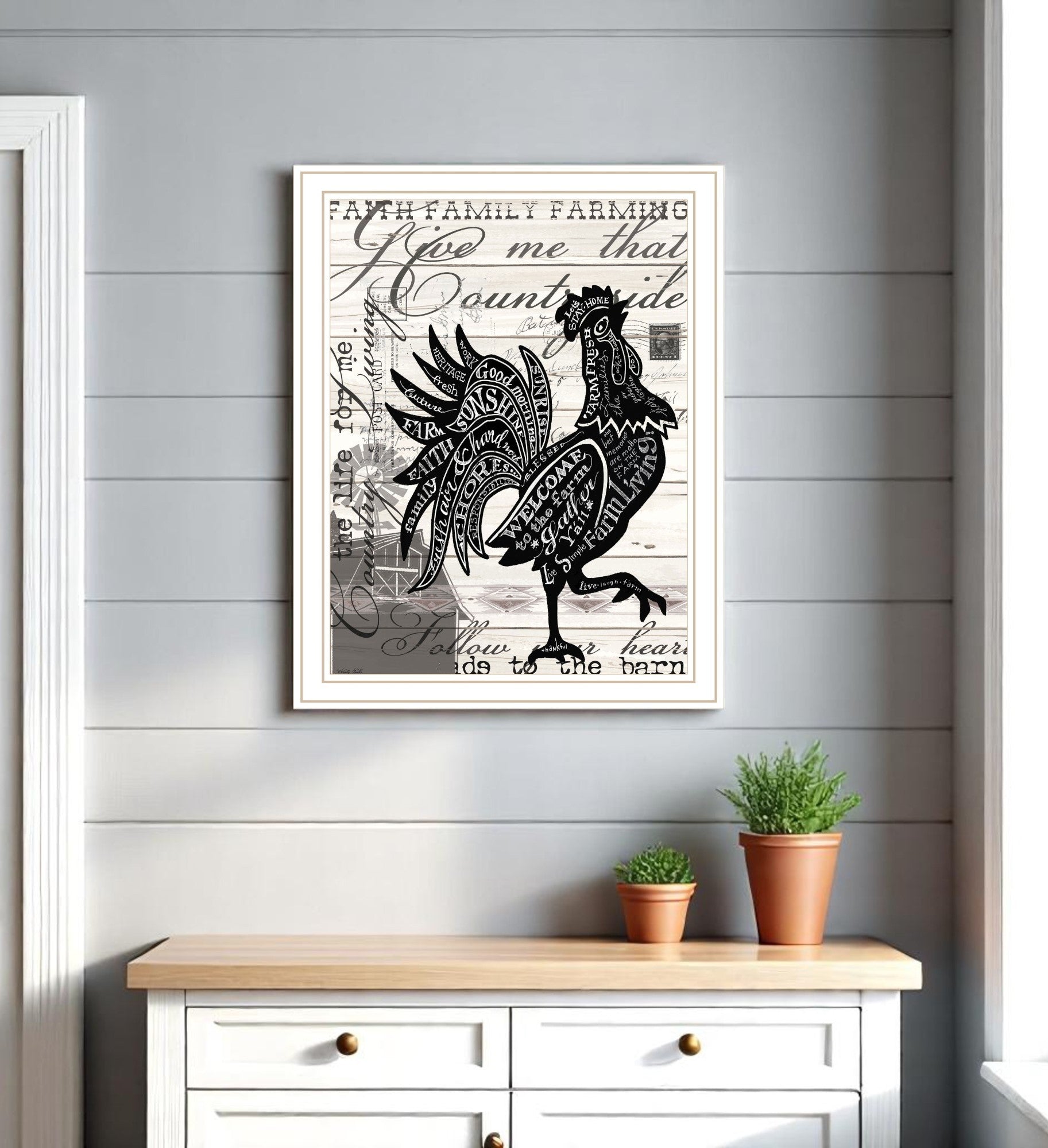 Faith Family Farm Rooster White Framed Wall Art