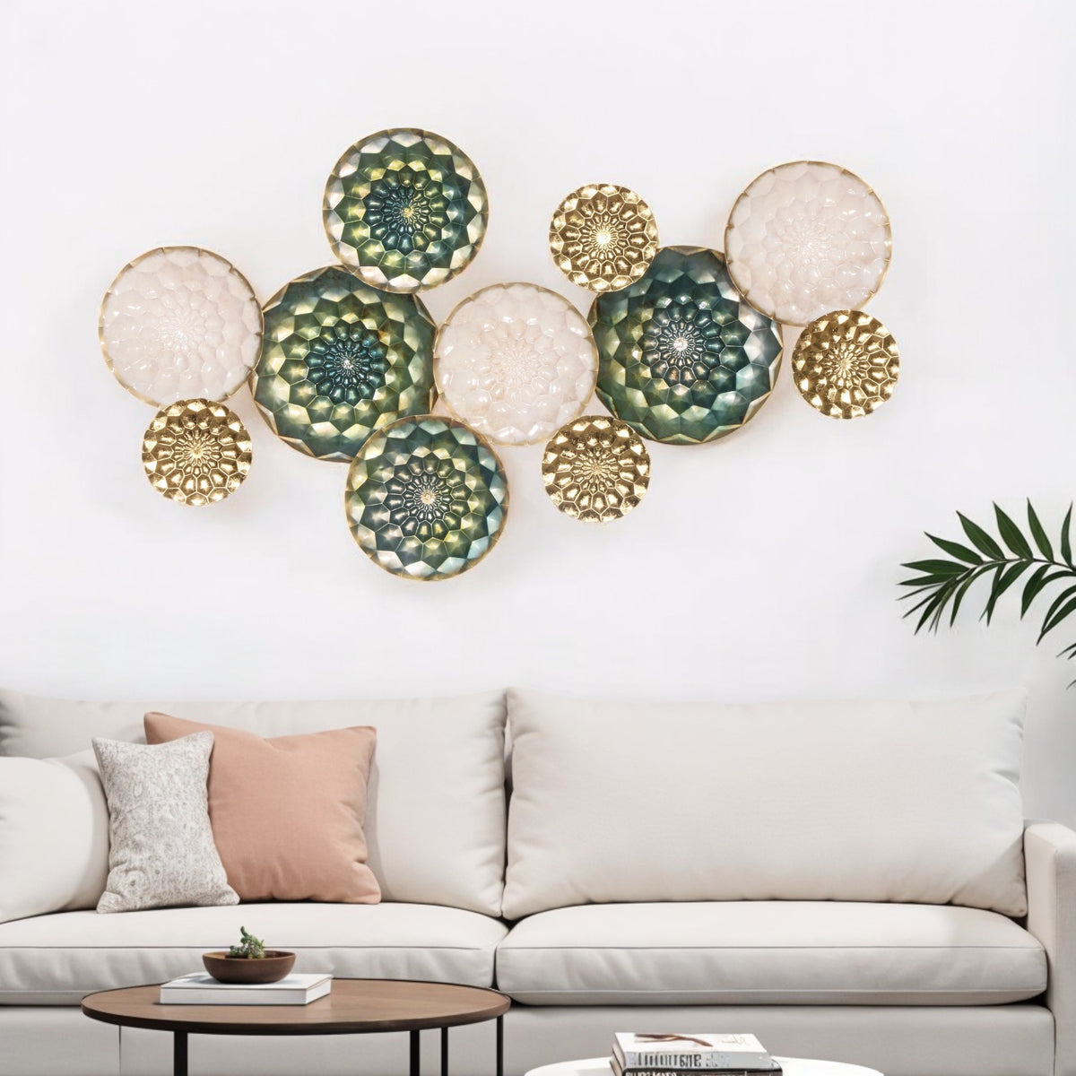 33'' X 60'' Bronze Gold and Silver Metal Round Disc Hanging Dimensional Sculpture