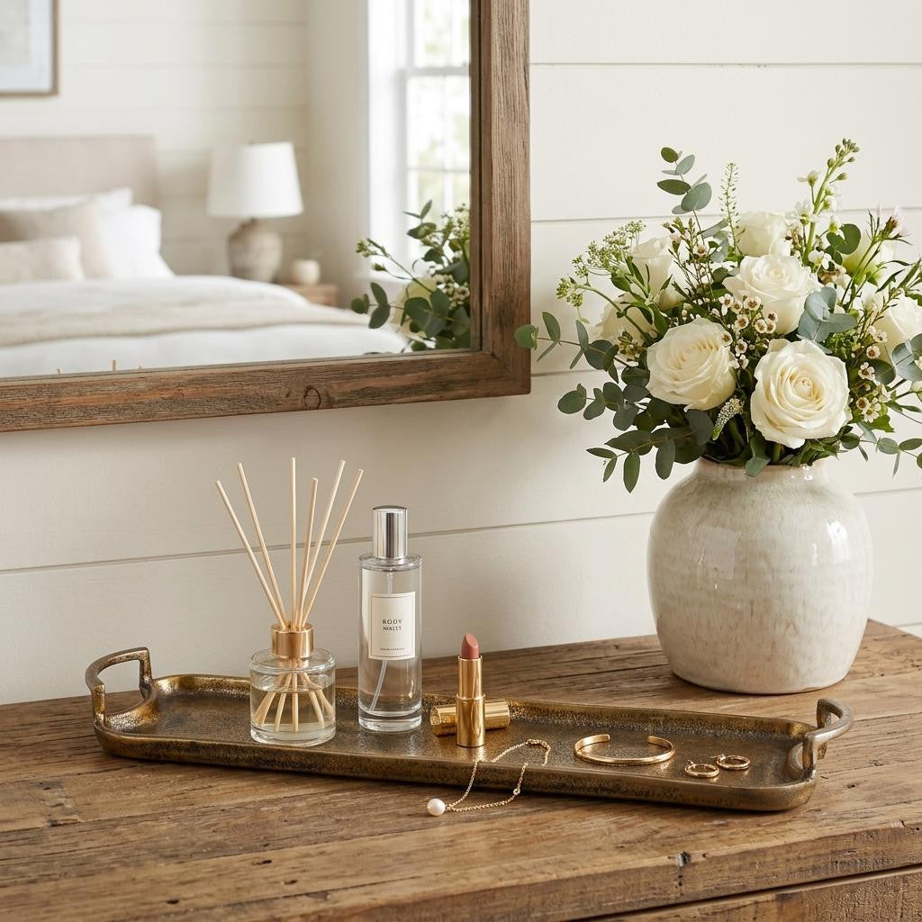21 Antiqued Gold Aluminum Hammered Vanity Tray With Handles