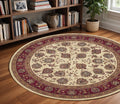 8' Ivory And Red Oriental Round Rug