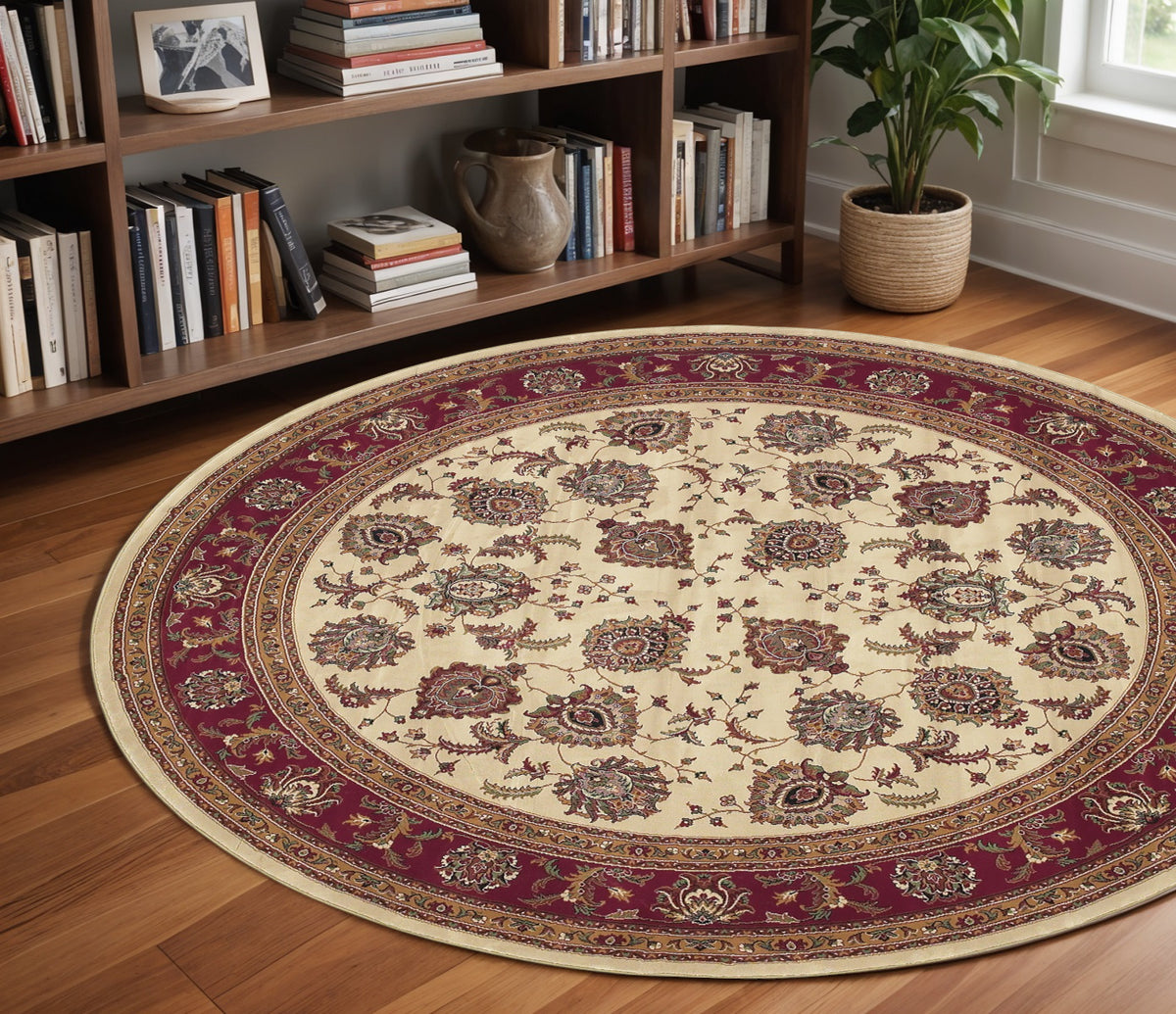8' Ivory And Red Oriental Round Rug