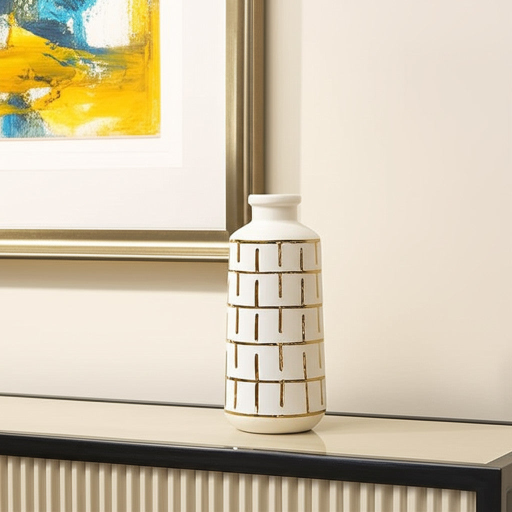 12 Ivory And Gold Geometric Cylindrical Ceramic Table Vase