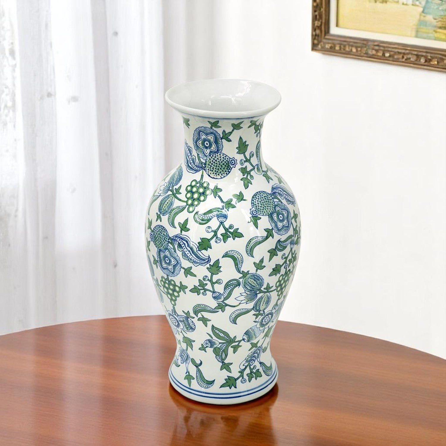 19'' White Blue And Green Floral Urn Porcelain Table Vase