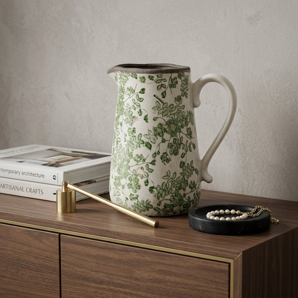 9 Green And White Leaf Ceramic Round Jug Vase