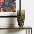15 Dark Olive Green And Gold Branch Patterned Glass And Aluminum Table Vase