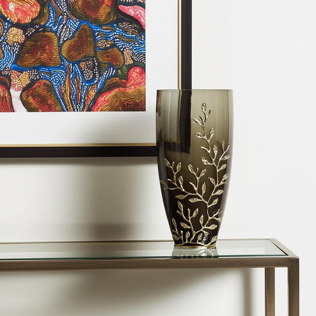 15 Dark Olive Green And Gold Branch Patterned Glass And Aluminum Table Vase