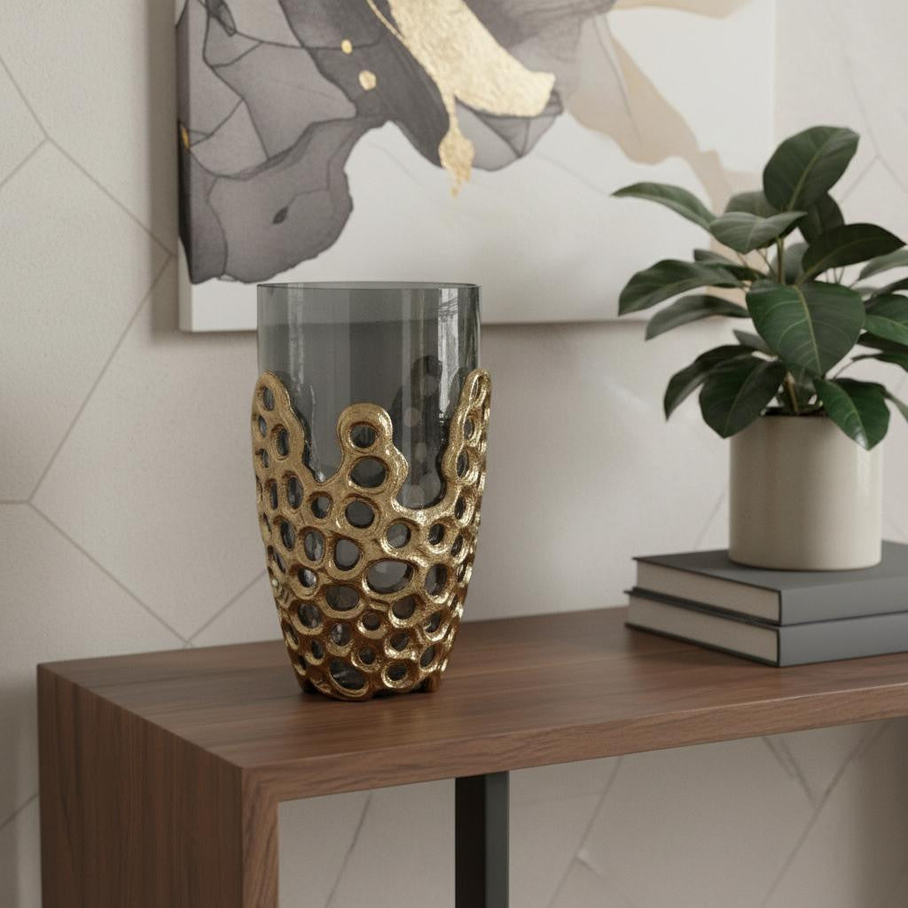 11 Black And Gold Glass And Aluminum Geo Circles Table Vase