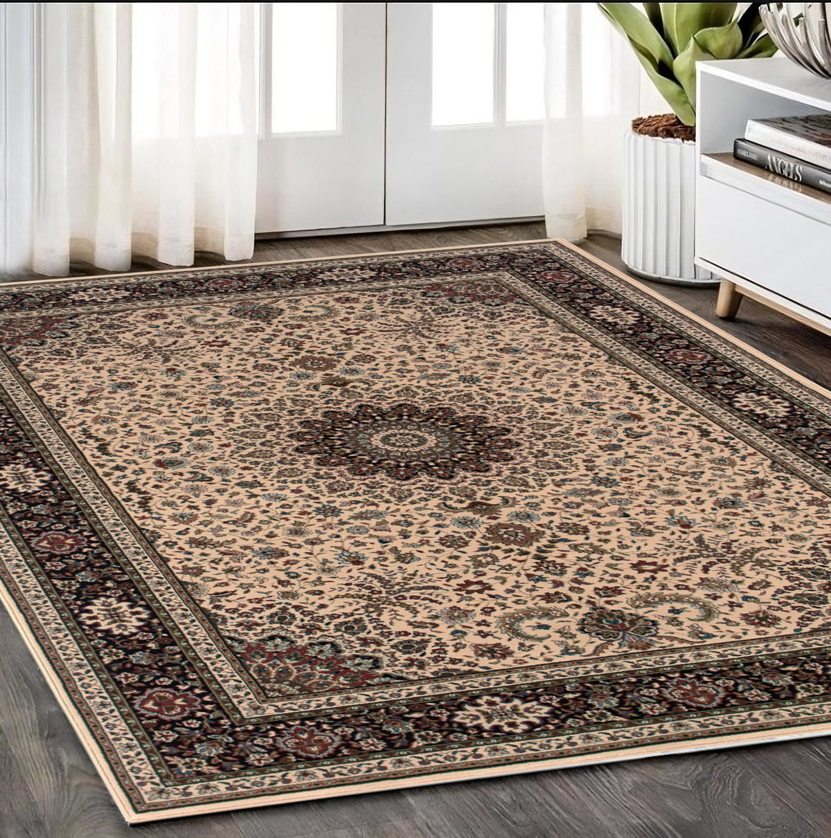 5' X 8' Ivory And Black Oriental Area Rug