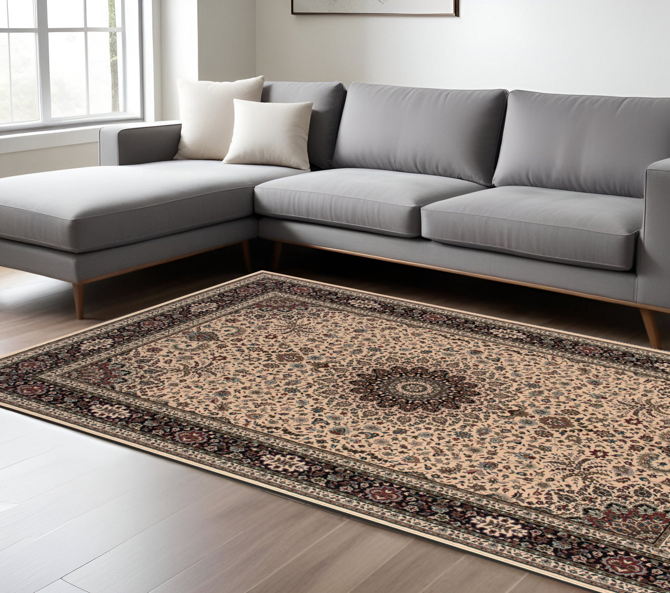 8' X 11' Ivory And Black Oriental Area Rug