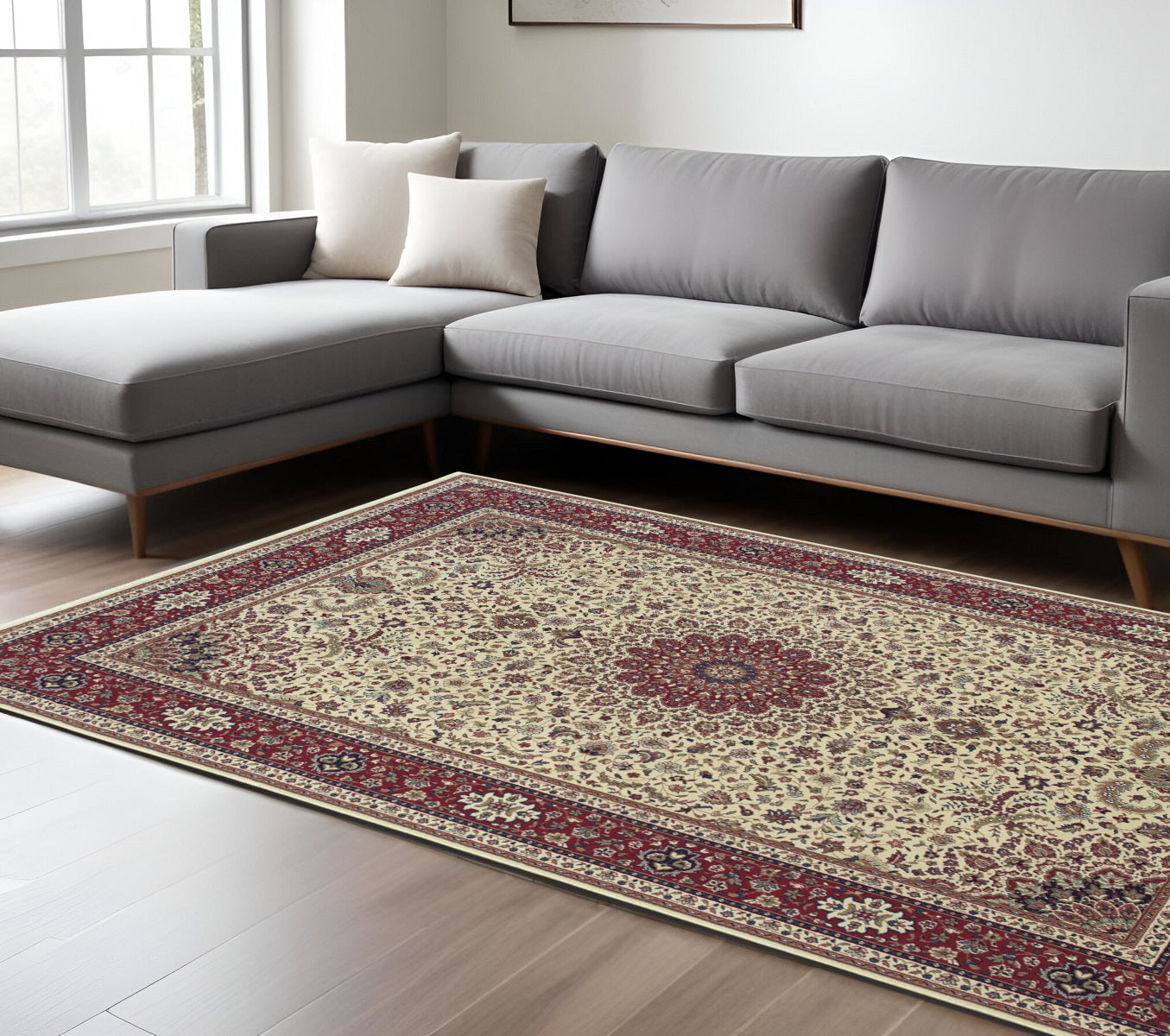 10' X 13' Ivory And Red Oriental Area Rug