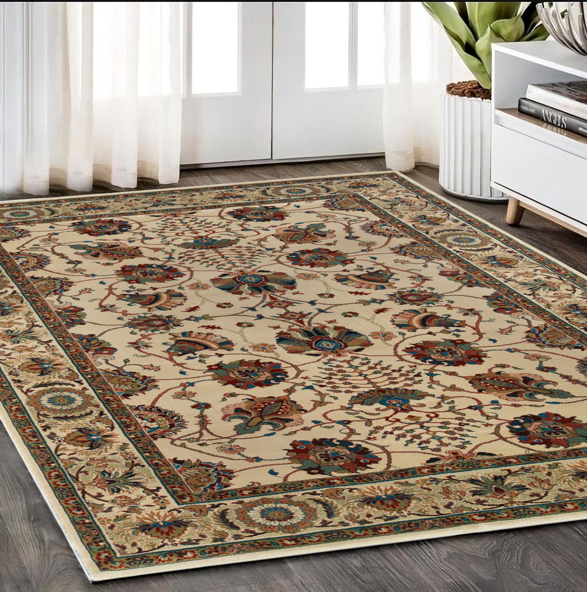 5' X 8' Ivory And Red Floral Area Rug
