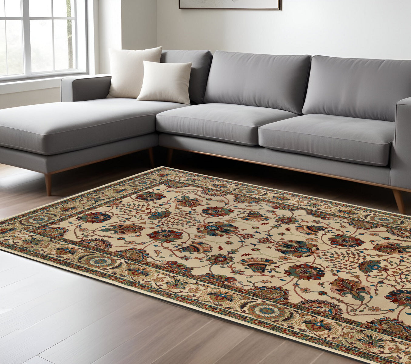 10' X 13' Ivory And Red Floral Area Rug