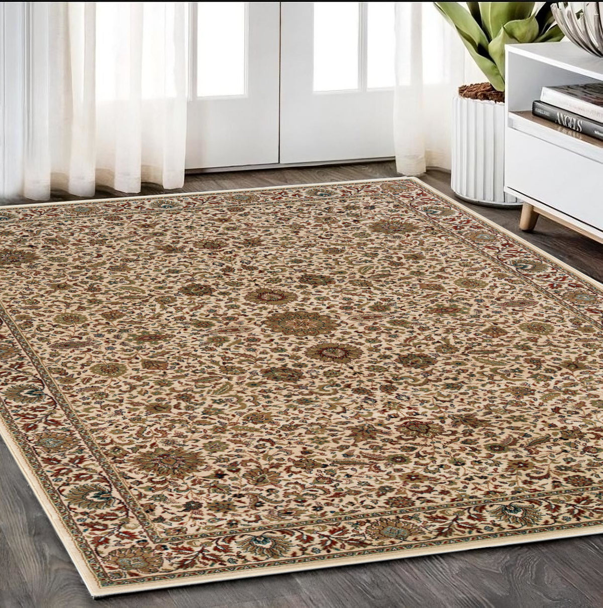 5' X 8' Ivory And Green Oriental Area Rug