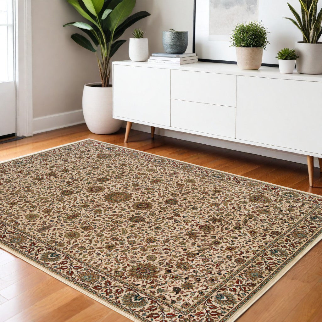 4' X 6' Ivory Green and Red Oriental Area Rug