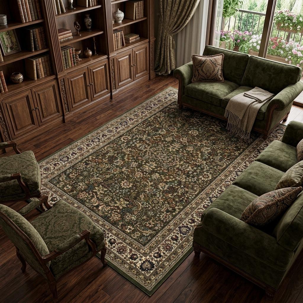 8 X 11 Green And Ivory Oriental Area Rug