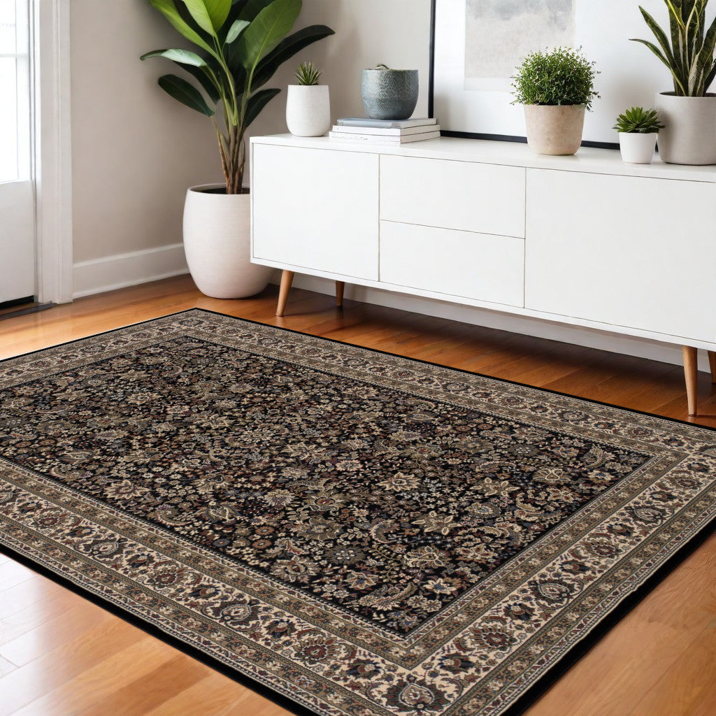 4' X 6' Black Dark Green And Ivory Oriental Area Rug