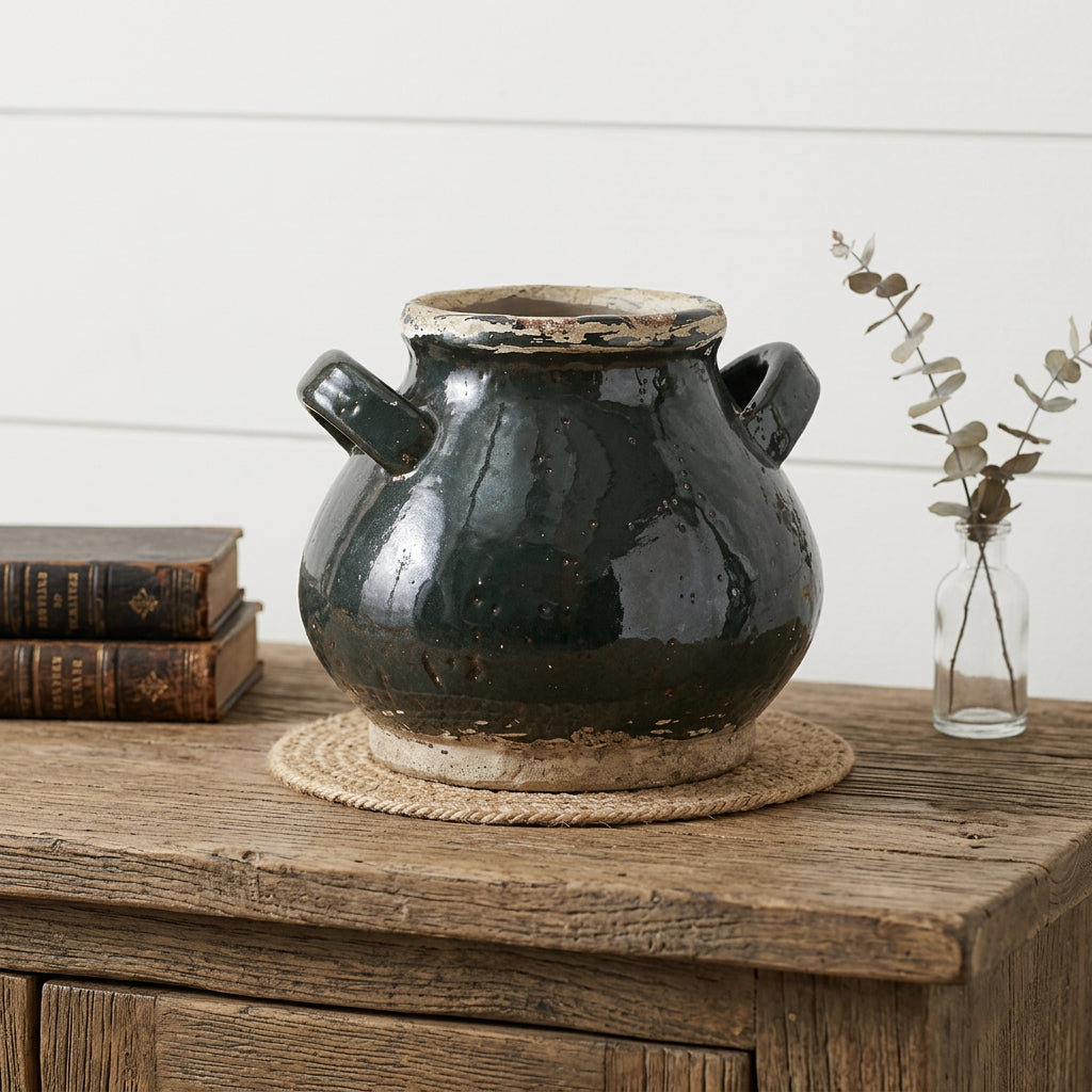 7 Dark Green And Sand Terracotta Round Jug Vase