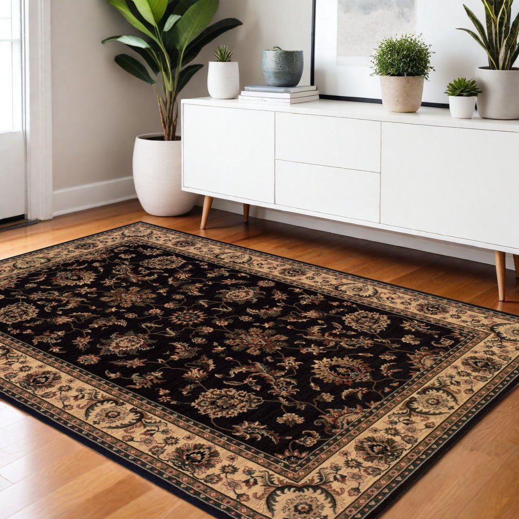 4' X 6' Black Ivory And Brown Oriental Area Rug