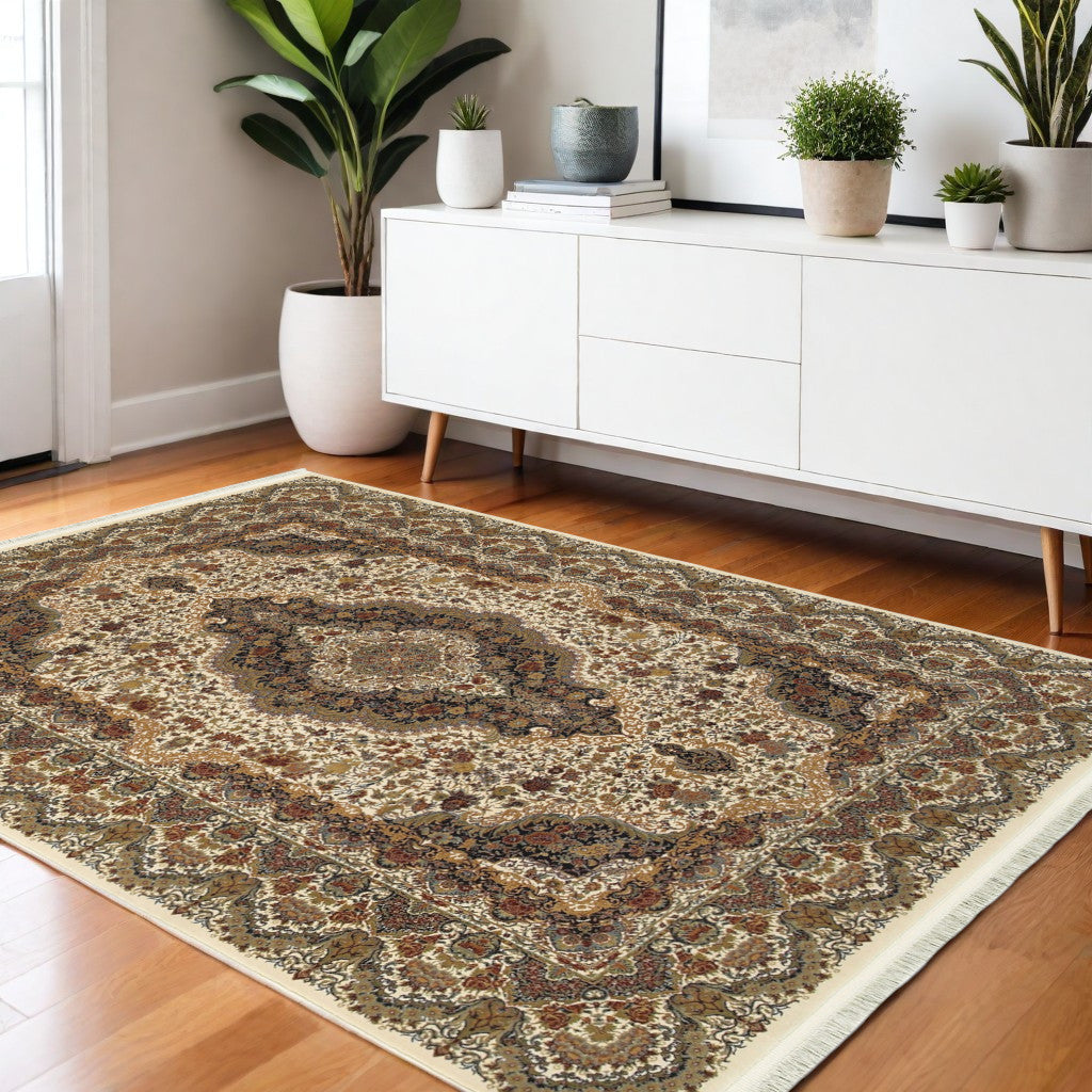 4' X 5' Ivory Black And Brown Medallion Area Rug With Fringe