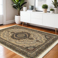 4' X 5' Ivory Black And Tan Medallion Area Rug With Fringe