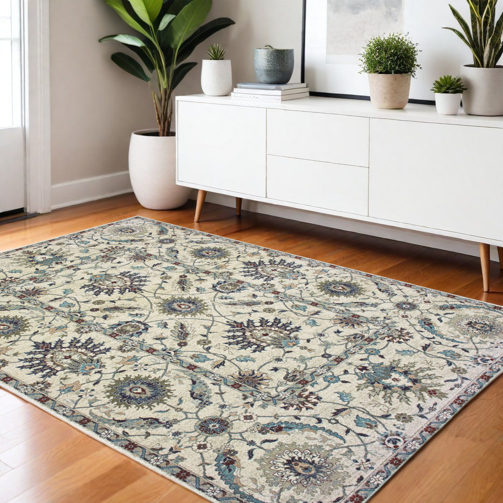 4' X 5' Ivory Navy Blue And Brown Oriental Area Rug